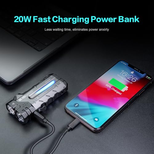 SK05 Pro Flat LED Flashlight with 8000mAh Power Bank, Sidelight Flashlight Combines Floodlight and Spotlight, 4360 High Lumens, Rechargeable, Magnetic Tail, IP68 Perfect for Camping, Outdoor