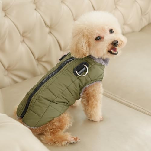 JoyDaog Warmer Fleece-Hundemantel mit strapazierfähigem Geschirr mit D-Ring, wasserdichte Welpenjacke für kleine Hunde, Hundeweste für den kalten Winter, Grün, Größe S