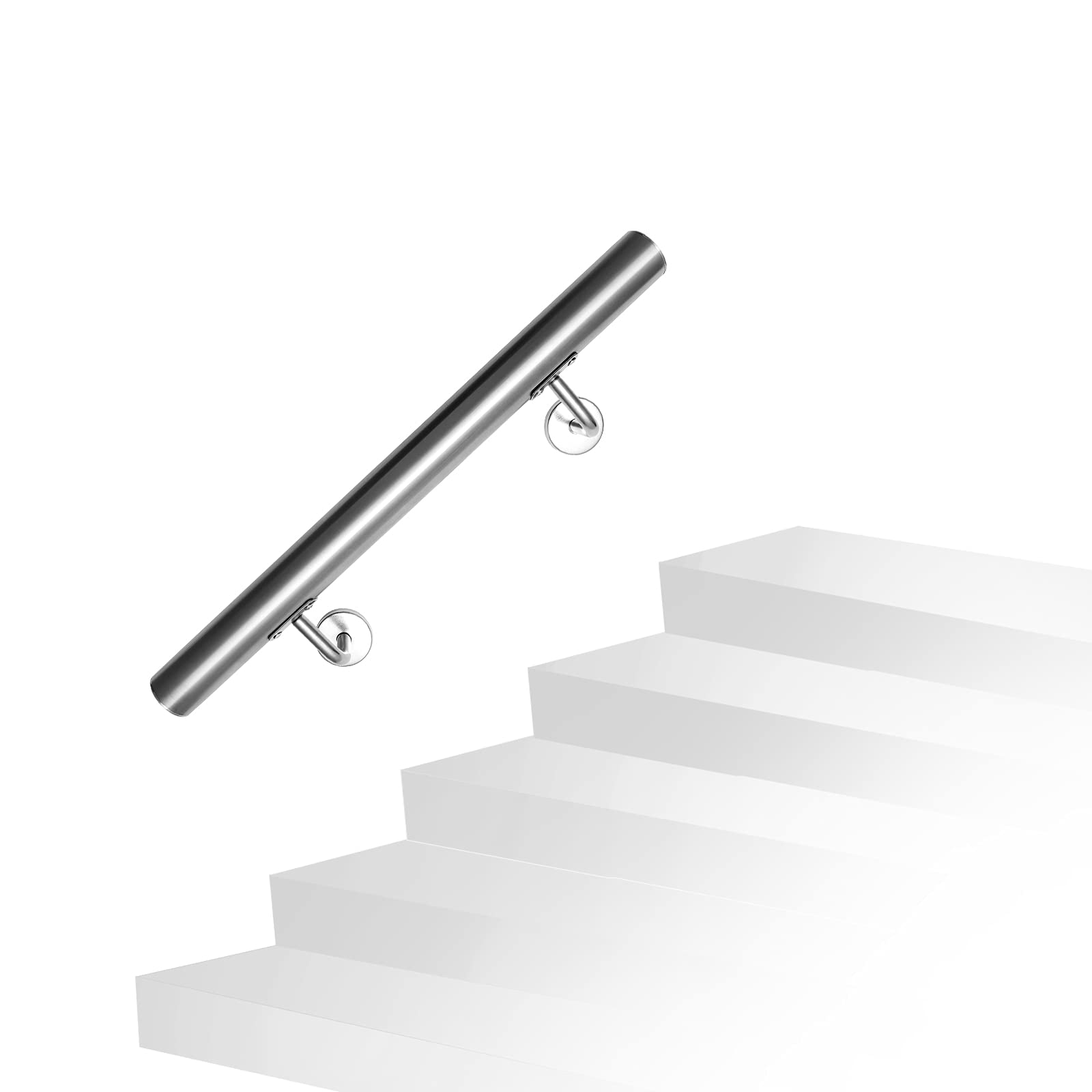 Fiqops Barandilla de acero inoxidable - Rampa de escalera - 50 cm - De acero inoxidable - Para exterior e interior - Barandilla - Diámetro 42 mm - Con soporte de pared y tacos metálicos