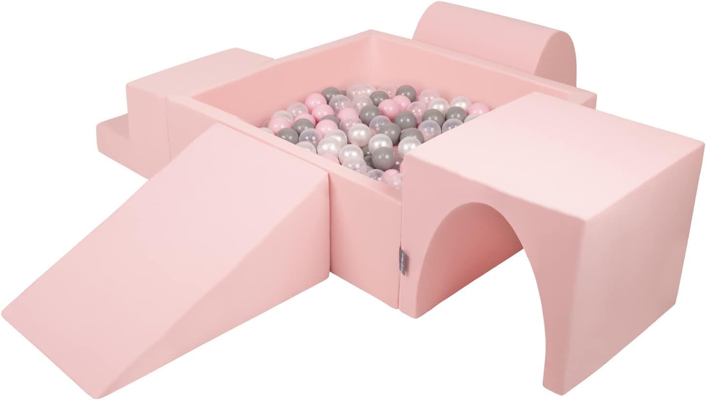 KiddyMoon Foam Playground For Kids With Square Ballpit (200 Balls ∅ 7Cm/2.75In) Soft Obstacles Course And Ball Pool Made In EU, Pink:Pearl/Grey/Transparent/Powder Pink