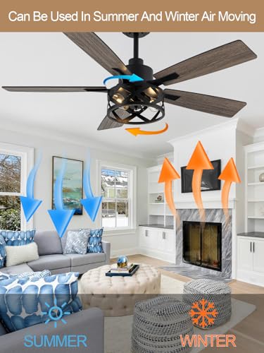 Image of 52 Inch Farmhouse Ceiling Fan with Lights Remote Enclosed Caged Fandelier Ceiling Fan Black Rustic Chandelier, 5 Dual Blades, Reversible Quiet DC Motor 6 Wind Speeds Timer for Bedroom Patio