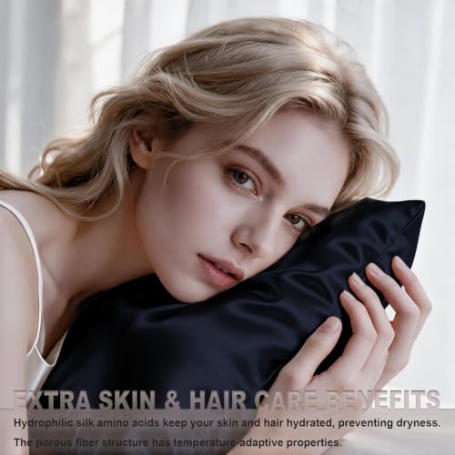 Image of LYSHIN Silk Pillow Cases 2 Pack King Size with Zipper, Navy Blue | 19 Momme Mulberry Silk Pillowcase for Skin and Hair, Anti-Acne, Hypoallergenic, Cooling, Beauty Sleep, Gifts for Women