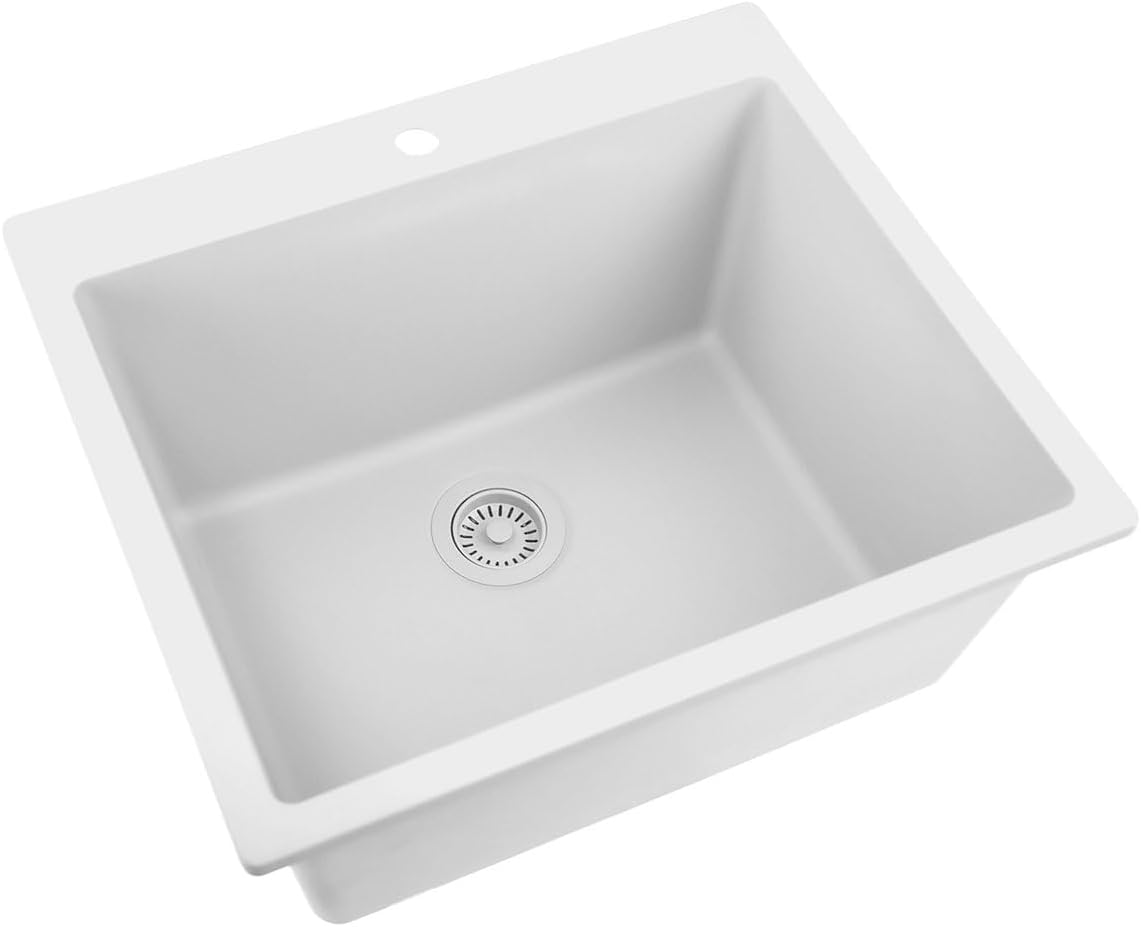 Nantucket Sinks Drop In Utility Sink – 25" Granite Composite Undermount Laundry Sink, Dual Mount, Rectangular Single Bowl, Matte White, Made in Europe – Sturdy, Scratch Resistant – PR2522-DM-W