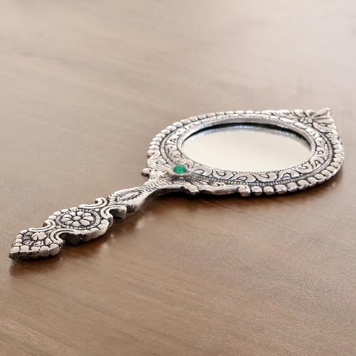 Image of KridayKraft Beautifully Carved Round Shape Silver Plating Hand Mirror for Makeup, Travelling, Salon Mirror & Decorative Mirror Antique Item for Wedding Gifts.