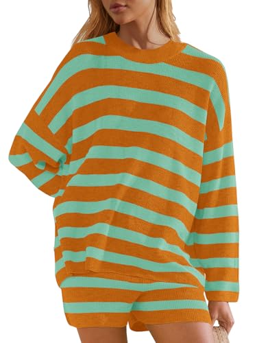 Image of Panadila Womens Striped Sweater Set Oversized Lounge Sets Matching Pajamas Long Sleeve Sweater Top and Shorts