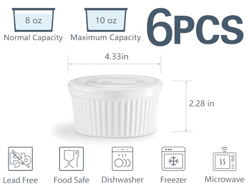 ONEMORE Ramekins in ceramica – 226,8 g, set di 6 pezzi – Forno e forno sicuro Ramekins con coperchio - immagine 6