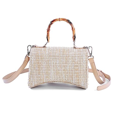 Women's Rhinestone Satchel Handbags Bamboo Top Handle Woven Bowknots Evening Party Crossbody Bag Khaki #TOP4