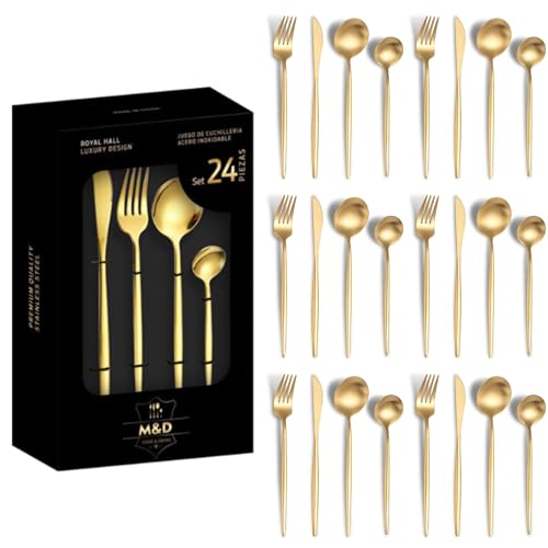 Image of Aurum Gold Silverware Set | Satin Finish French Style 24-Piece Stainless Steel Flatware Set with Giftable Box | Dishwasher Safe Tableware for Home, Restaurant & Corporate Gifting