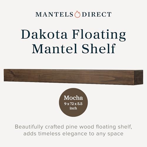 MANTELSDIRECT Dakota 72 Inch Fireplace Mantel Shelf, Box-Constructed Pine Wood Shelf with 9\" Depth, Mocha Floating Mantel Shelf, Sturdy 72 x 5.5-Inch Wood Floating Shelf