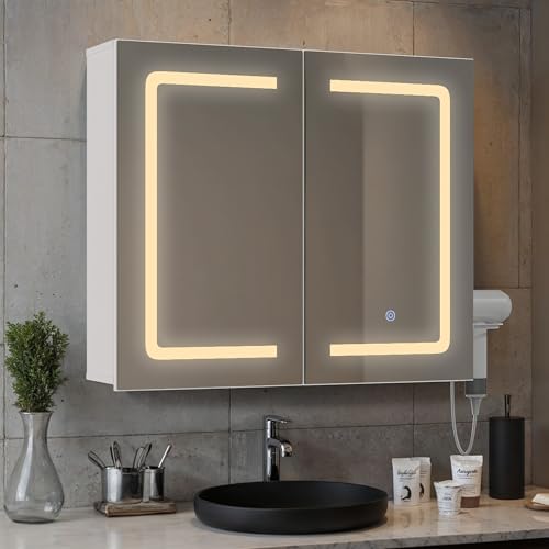 Blishom Badezimmer Hängeschrank 70cm Spiegelschrank mit Spiegel und LED-Beleuchtung, dimmbar mit Berührungssensor, Steckdose, verstellbaren Ablagen, Doppel-Tür aus hochwertigem MDF, weiß (60×70cm)