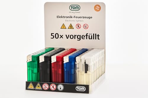 TOM 50 Elektro-Feuerzeuge mit Gas befüllt – nachfüllbar – 50 Stück im Set – 5 Farben in praktischem Display – Gasfeuerzeug – Elektronik Feuerzeug - Feuerzeuge TOM 50 Elektro-Feuerzeuge mit Gas befüllt – nachfüllbar – 50 Stück im Set – 5 Farben in praktischem Display – Gasfeuerzeug – Elektronik Feuerzeug - Feuerzeuge