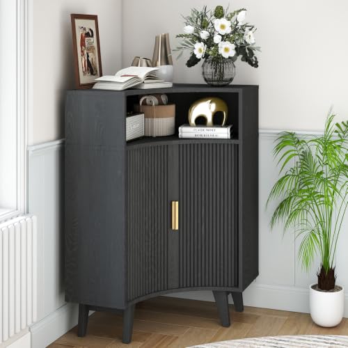Image of Fluted Corner Cabinet with Open Storage, Modern Floor Cabinets with Sliding Doors and 2-Tier Shelves, Freestanding Narrow Organizer for Small Space,Living Room, Dining Room,Black