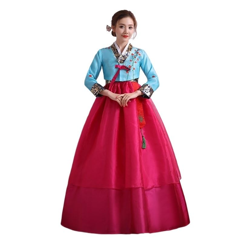 HIMKSRE Hanbok for Women Korean Traditional Costume Minority Palace Performance Court Clothes Flower New Year Wedding Party Dance Dress(Blue,L)
