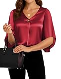 CiCiBird Women's V Neck Silk Blouse 3/4 Bell Satin Sleeve Shirts Business Work Pleated Tops Wine Red L