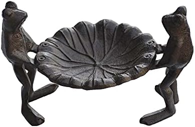 Vintage Cast Iron Bird Feeder with 2 Frogs Holding Leaf, Decorative Cast Iron Bird Bath, Antique Brown