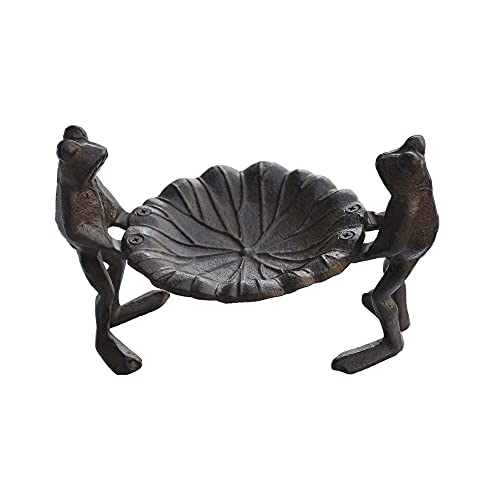 Vintage Cast Iron Bird Feeder With 2 Frogs Holding Leaf, Decorative Cast Iron Bird Bath, Antique Brown #TOP3