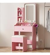 Diagram showing detailed product dimensions of the DUMOS Makeup Vanity Desk, including mirror, shelves, desk, and bench measurements.