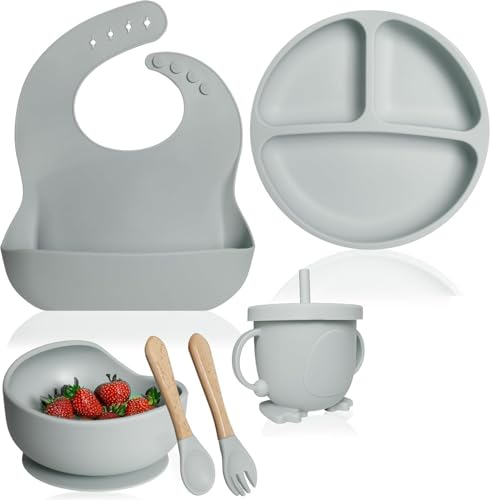 Image of Silicone Baby Feeding Set 6 Pieces with Suction Plate, Bowl, Adjustable Bib, Straw Cup, Spoon & Fork, BPA Free Baby Led Weaning Essentials - Grey