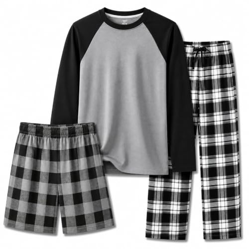 Image of US Angels Boys Pajamas Set | 3-Piece Pant, Shirt, Shorts Sleepwear Pjs for Kids | Loose Fit, Soft, Breathable Blue Plaid