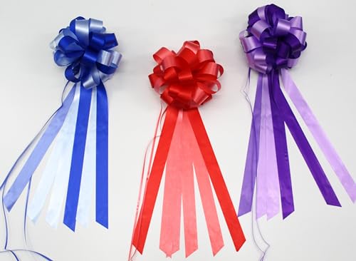 CaPiSo 3 Stück Große Ziehschleife 18cm Geschenkschleife 50cm Dekoschleife Schleife mit Geschenkband zum Basteln Dekorieren Verzieren (Dunkelblau-Rot-Lila)