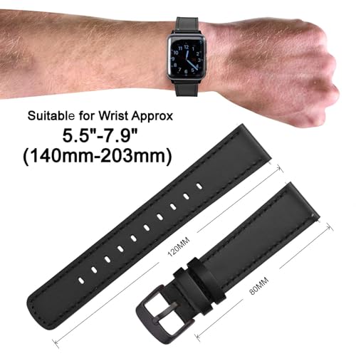 Image of ANNEFIT 20mm Watch Band with Black Buckle, Quick Release Genuine Leather Replacement Strap (Black /Black Stitching)