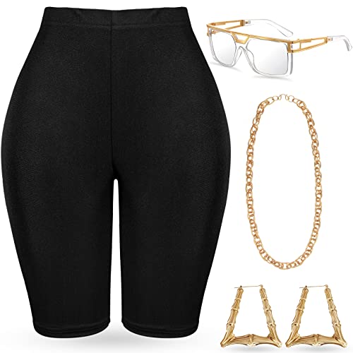Geyoga 7 Pcs 80s 90s Outfit for Woman Hip Hop Costume Kit Rapper Accessories Yoga Pants Sunglasses Gold Chain Earrings(X-Large,Black)