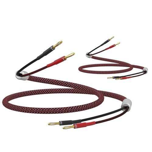 Preffair HiFi 13 AWG Speaker Cable Audiophile High Purity Copper Gold Banana to Banana Loudspeaker Wires Cotton Net Braided Sleeves Audio Wires for Speakers/Amps/Home Stereo Systems(Red-Black, 5 feet)