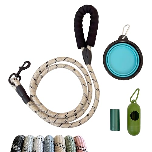 Jpwet, set di 4 guinzagli da addestramento per cani, 1,8 m, con manico morbido imbottito, gancio riflettente resistente, ciotola da viaggio pieghevole, sacchetti per cacca e dispenser per cani (beige)