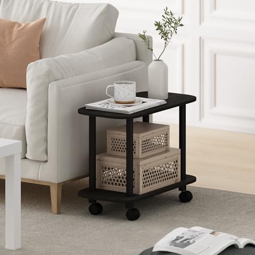 Image of Furinno Turn-N-Tube Side Table, 2-Tier Oval Sofa End Table with Wheels, Toolless Assembly Night Stand, Bedside Table with Open Shelf, for Living Room, Bedroom, Dark Espresso