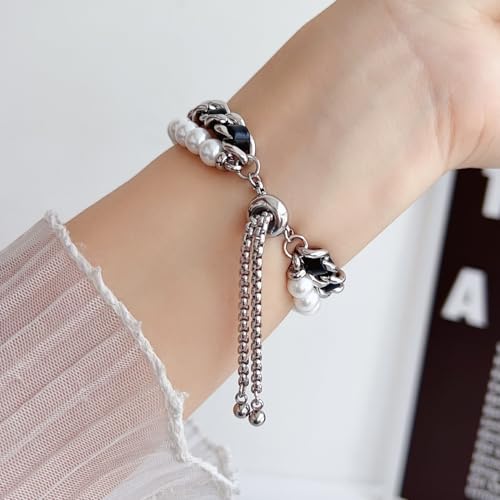 Medical ID Bracelet for Women Feminine Elegant Adjustable Metal Chain Bracelet Strap with Leather Pearl Beaded Stylish Custom Alert Bracelets Allergy ADHD3