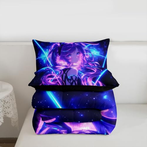 Image of Erosebridal 3D Anime Kids Bedding | Japanese Girl Full Comforter Sets,Girly Galaxy Stars Comforter Purple Neon Duvet Insert with 2 Pillow Cases