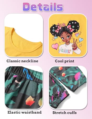 Image of mksodop Girls Outfit Set Graphic T Shirt and Camo Jogger Pants Cute Casual Clothes for Girls 5-16 Years