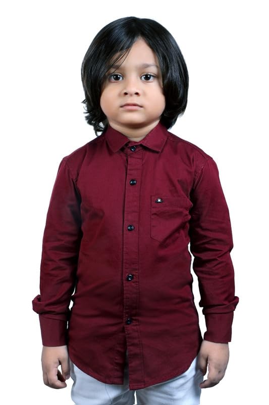 Image of Boy's Kids Regular Fit Solid Pattern Cotton Shirt with Pocket Collared Neck Long Sleeve Button Down Closure Type and Standard Length | Boys Cotton T-Shirts Set | Shirt for Boy
