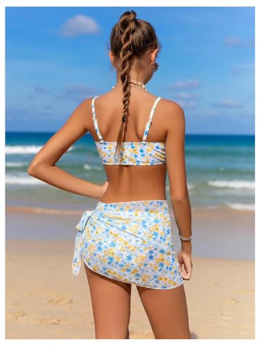 Image of OYOANGLE Girl's 3 Piece Bikini Sets Floral Print Spaghetti Straps Cute Swimsuits with Beach Skirt Bathing Suits