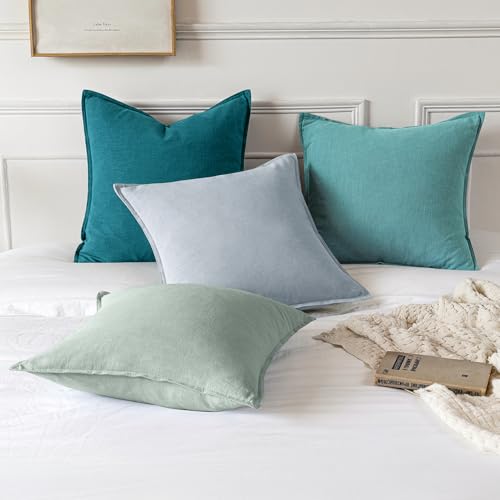 Image of MIULEE Decorative Linen Pillow Covers 18x18 Inch Teal Blue Boho Farmhouse Neutral Couch Throw Pillows for Bed Pack of 2 Accent Coastal Modern Pillowcase Summer Sofa Livingroom Home Decor