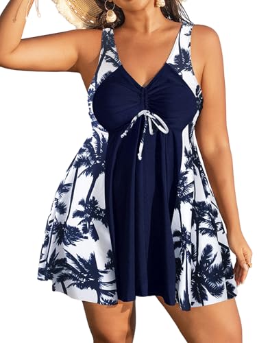 Women's Plus Size Two Piece Tankini Swimdress with Shorts Wide Strap V Neck Bathing Suit Dress