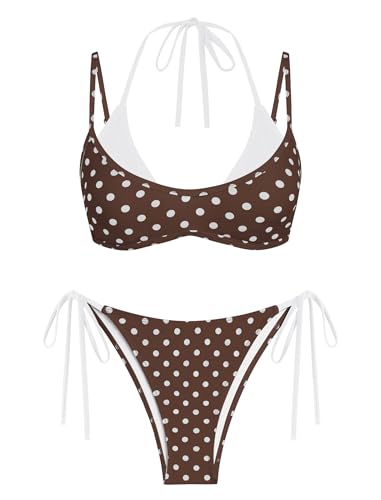 Image of ZAFUL Women's Polka Dot Bikini Set Double Layer Halter Swimsuit Colorblock Side Tie 2 Piece Bathing Suit