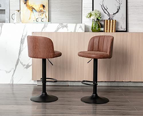 Kmax Pu Leather Barstools Swivel Height Adjustable Counter Stools Channel-Tufted With Black Metal Base Footrest, Brown-Set Of 2 #TOP2