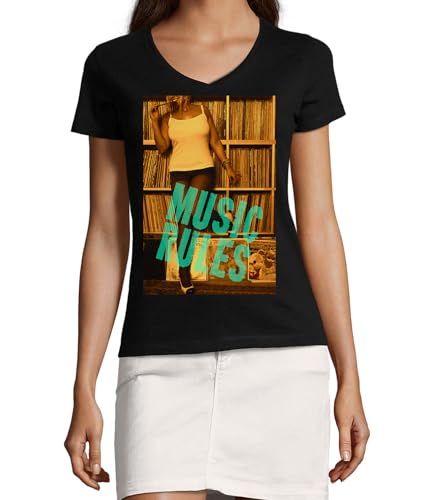 T-shirt V Music Rules pour femme en coton noir confortable