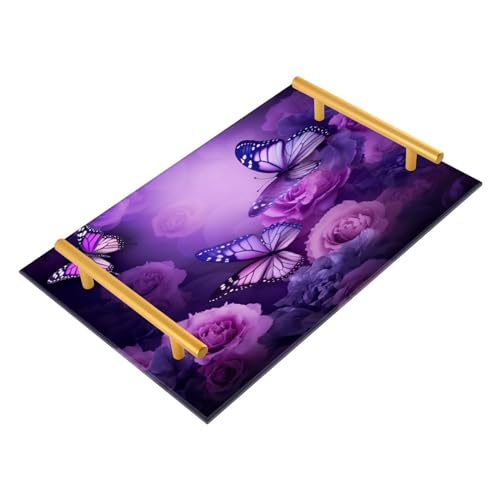 Kigai Purple Flowers and Butterflies Bathroom Vanity Tray Acrylic Rectangular Tray with Handles Non-Slip Bathroom Kitchen Dresser Countertop Organizer for Home Decor 11.8x7.87 in