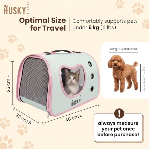Image of Husky & Purr Pet Carrier Bag for Cats and Small Dogs | Compact Cat Carrier Bag with Heart Window | Breathable Mesh Dog Carrying Bag | Portable Cat Bag for Travel & Vet Visits | Holds up to 5kg
