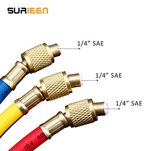 AC Charging Hose Tube, 60\" Refrigerant Charging Hose, (3000~600) PSI, 1/4\" SAE-1/4\" SAE Thread for R134A R12 R22 R502 Manifold Hose Set, Pack of 3