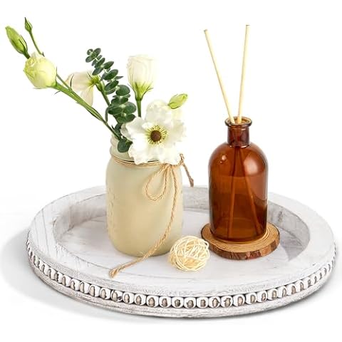 Bryantye Decorative Tray, Vintage Decorative Tray for Home Decor 12in Round Tray with Washed Bead, Wooden Decorative Tray Candle Holder for Coffee Table & Living Room Table, Farmhouse Serving Tray Cover