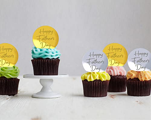Cavla 24 Pieces Happy Father's Day Cupcake Toppers Round Acrylic Mirror Disc Fathers Day Cupcake Picks Circle Engraved Disc For Father's Day Party Cupcake Cake Decorations Supplies Sliver And Gold #TOP3