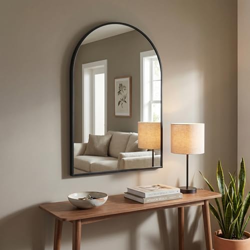 Image of BEAUTYPEAK 20 inchx28 inch Arch Bathroom Mirror, Wall Mounted Vanity Metal Frame Mirror for Bedroom, Entryway, Living Room, Black