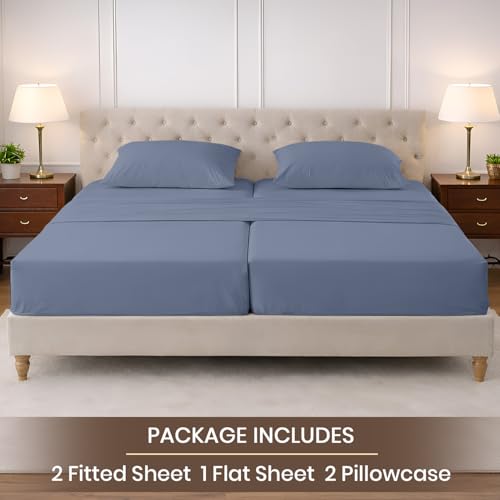 Image of SGI Split King Sheet Set for Adjustable Bed Egyptian Premium Cotton 600 Thread Count Sheet for Sleep Number Bed 15 inch Deep Pocket 5 Pc Set with 2 Twin XL Fitted Sheets Soft Breathable Mediterranean Blue