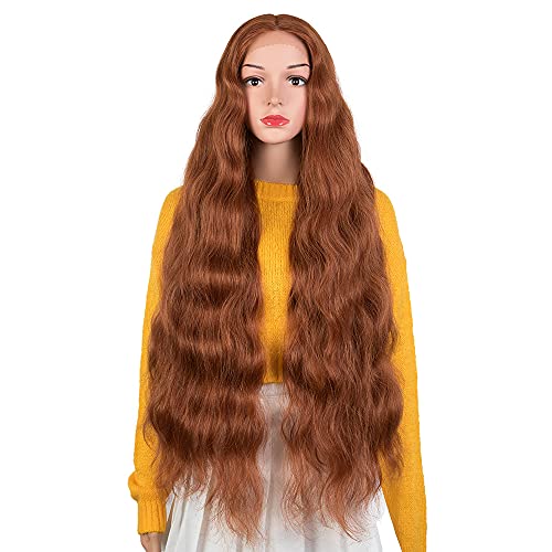 NOBLE 38" Super Long Wavy Wigs 13x6x0.5 Lace Front Wigs 6 inch T Part Synthetic Lace Front Wigs with Baby Hair Ombre Auburn Brown Wigs for Women