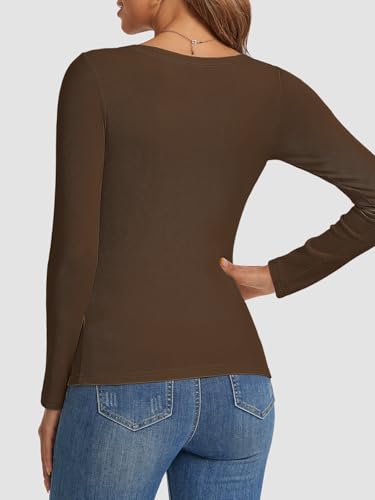 Image of Womens Long Sleeve Scoop Neck Shirts Ribbed Knit Tops Slim Fitted Tees Basic Casual Fall Outfits