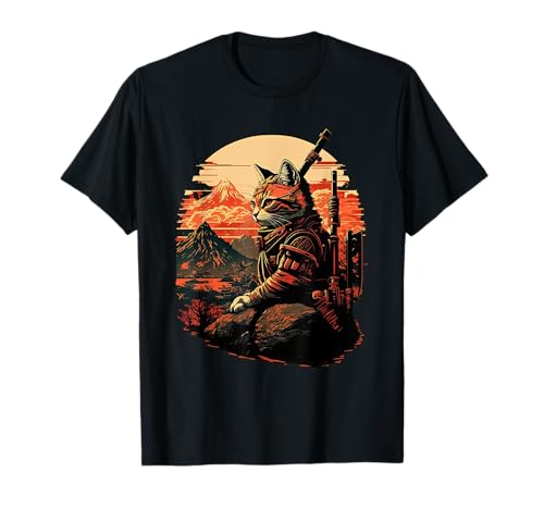 Gato Samurai Japonés con Ola Camiseta