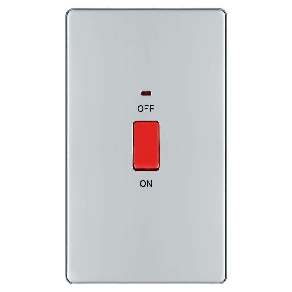 BG Electrical Large Cooker Control Switch Unit with LED Power Indicator, Double Plate, Double Pole, Screwless Front Plate, Premium Flatplate, Polished Chrome, 45A, FPC72